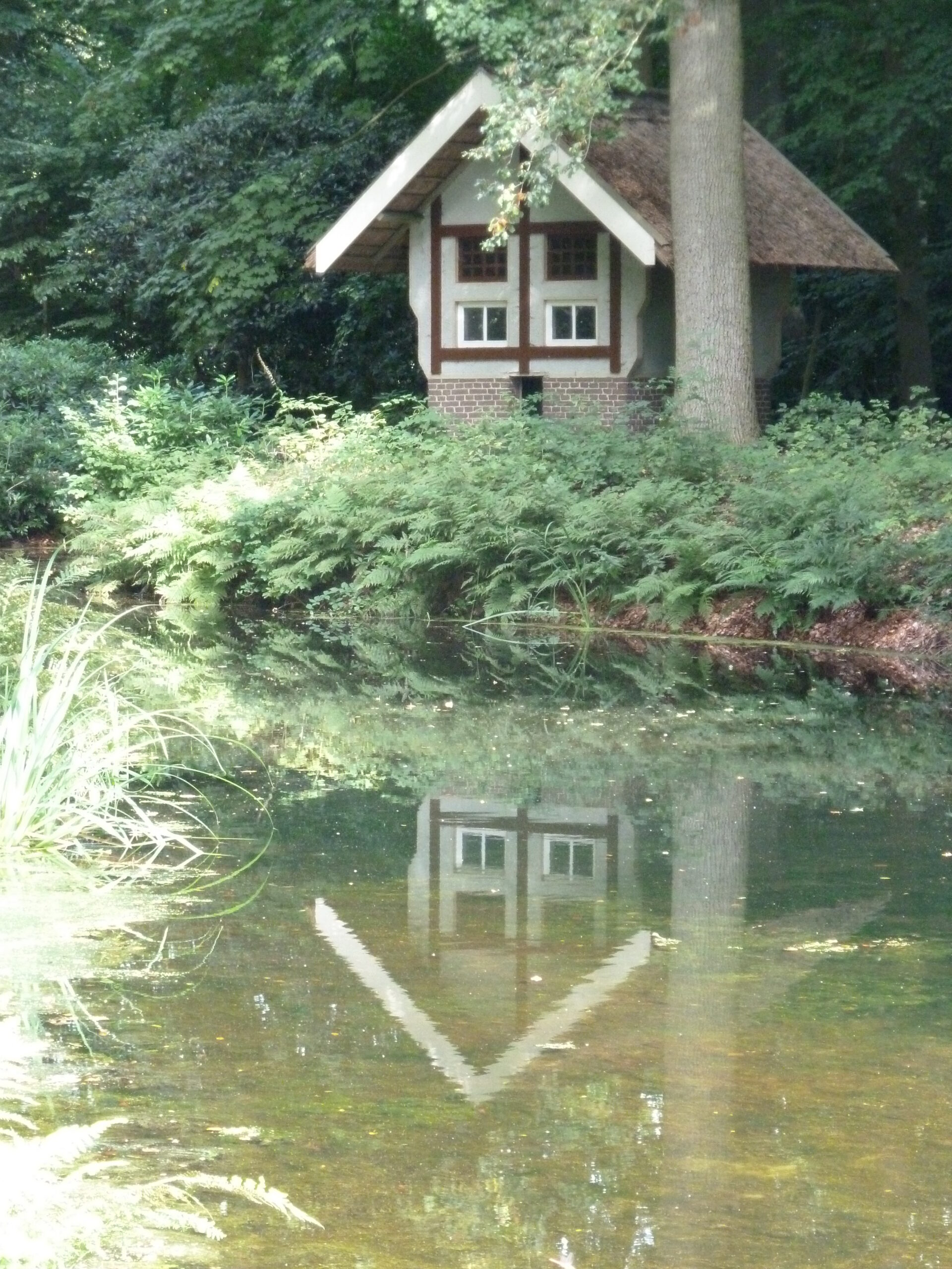 Het landhuis weerspiegeld in het water.